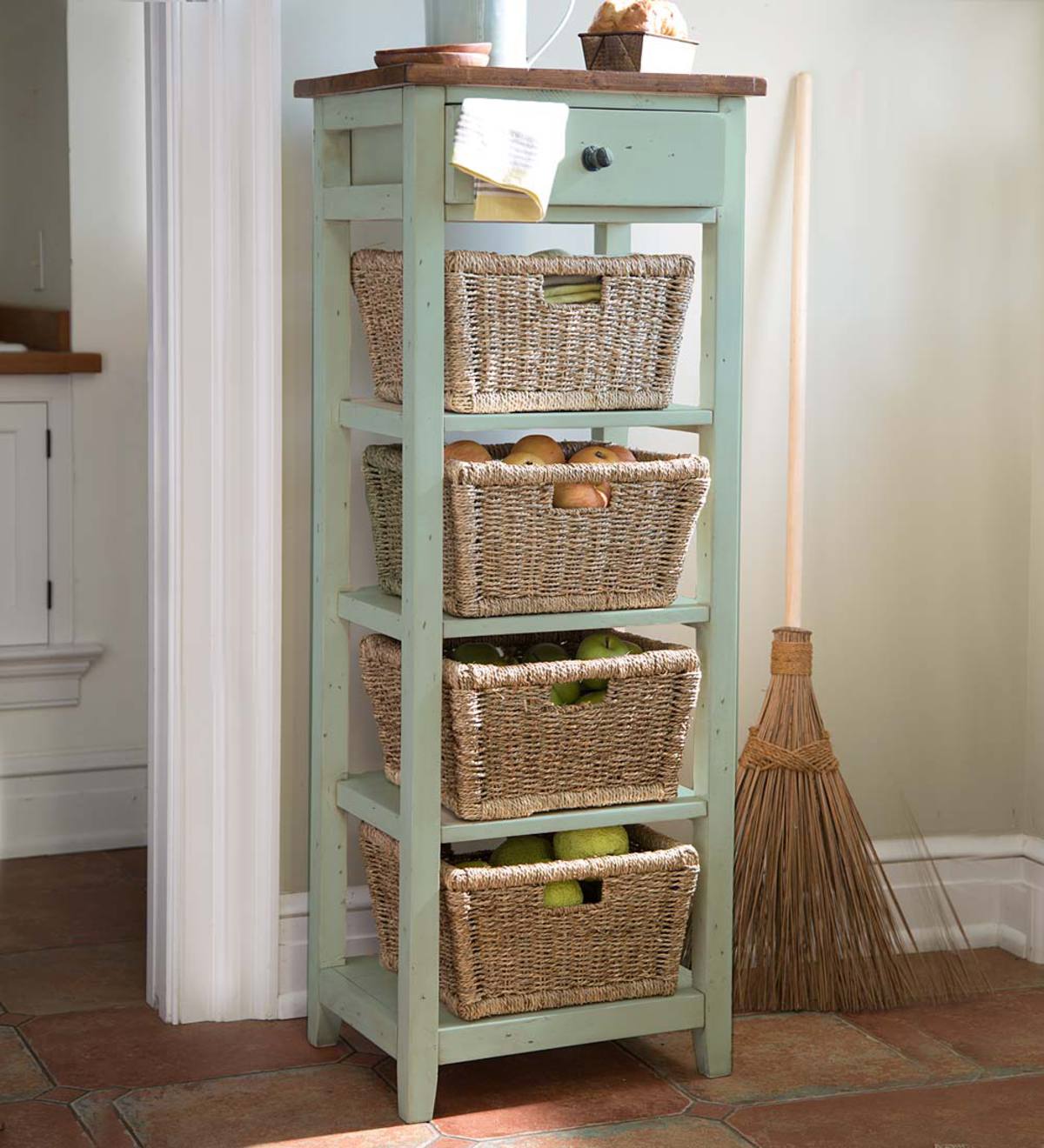 Shelves with shop basket storage