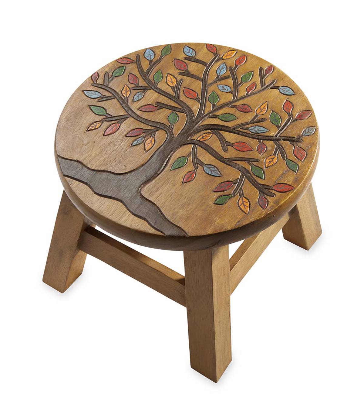 Savon Wooden Step Stool Small Footstool Footrest Table Flowers Tree of Life