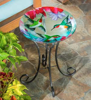 Glass Hummingbird Bird Bath with Metal Stand