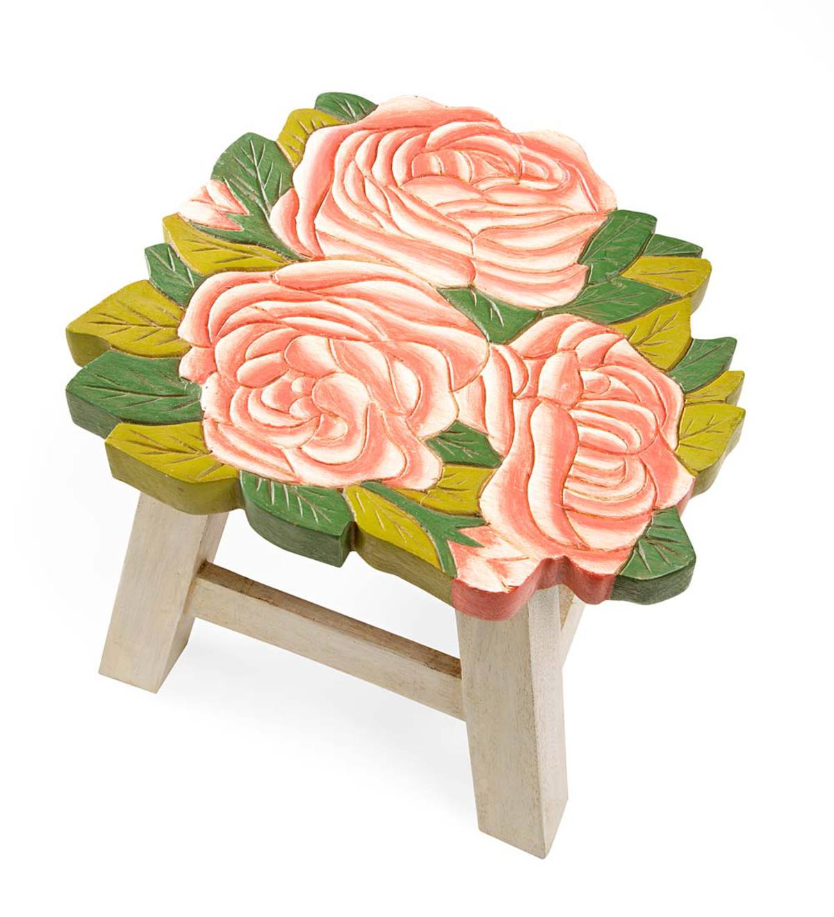 Hand-Carved Wood Footstool with Rose Design