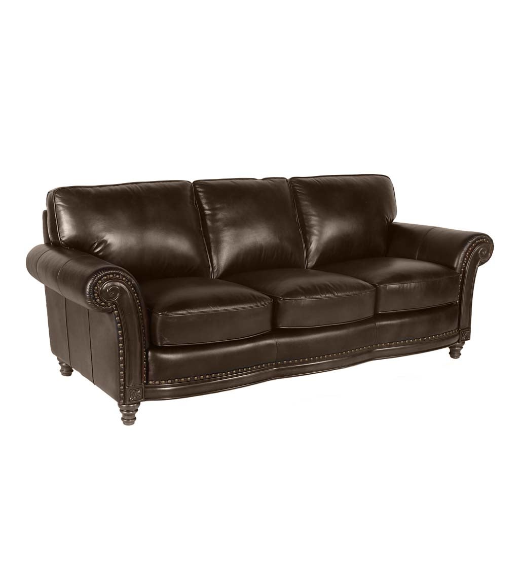 Beaumont Leather Sofa with Nailhead Trim Dark Tobacco Plow