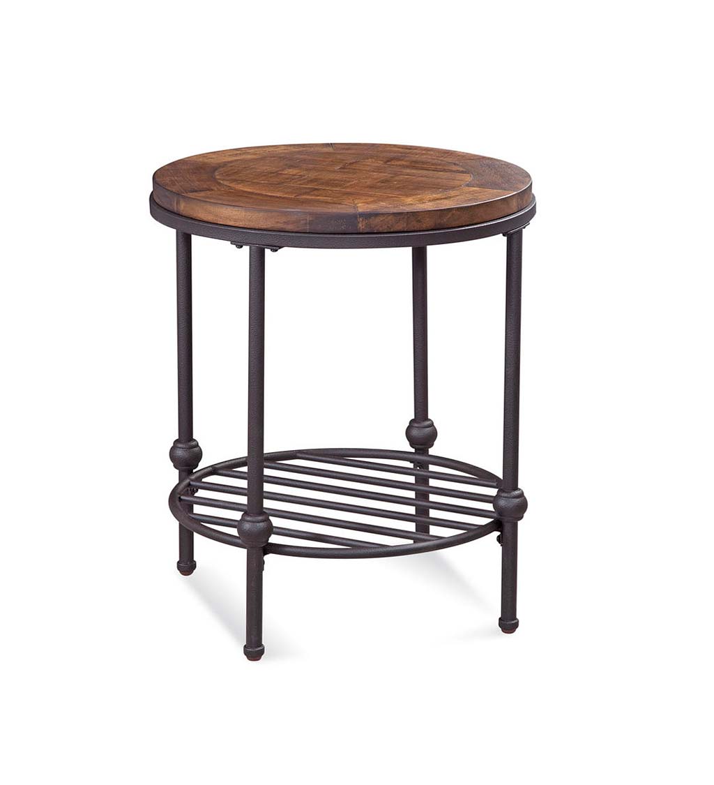 Round Pine-Top End Table with Spoke Shelf