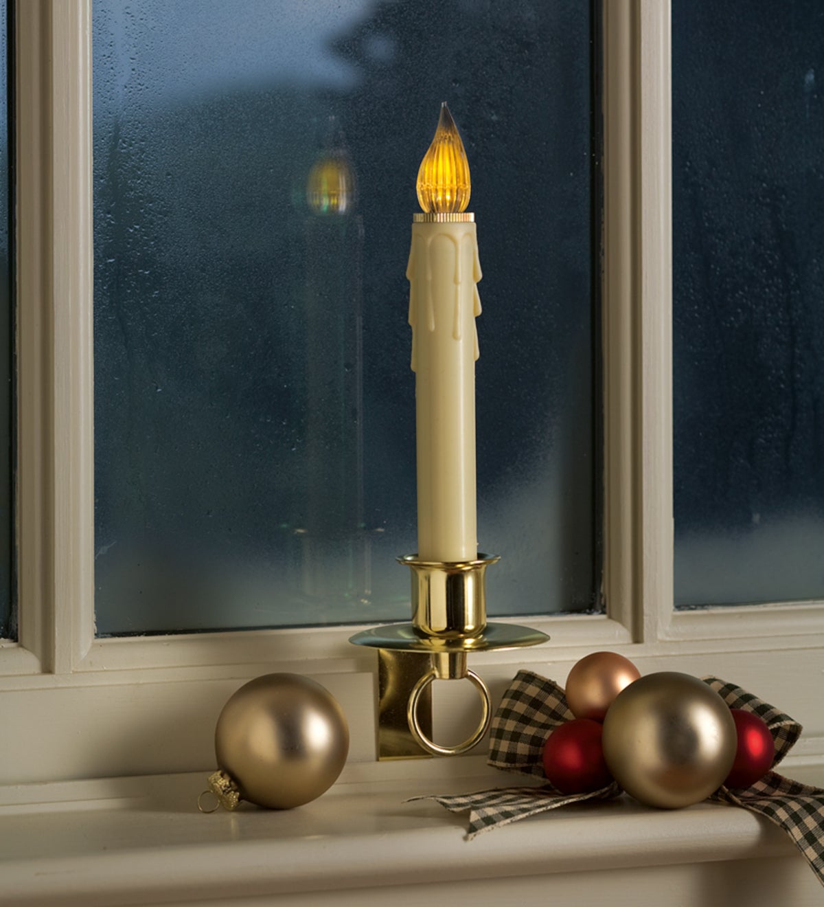 Stay-Put Battery Powered Window Candle With On/Off Sensor - BRASS