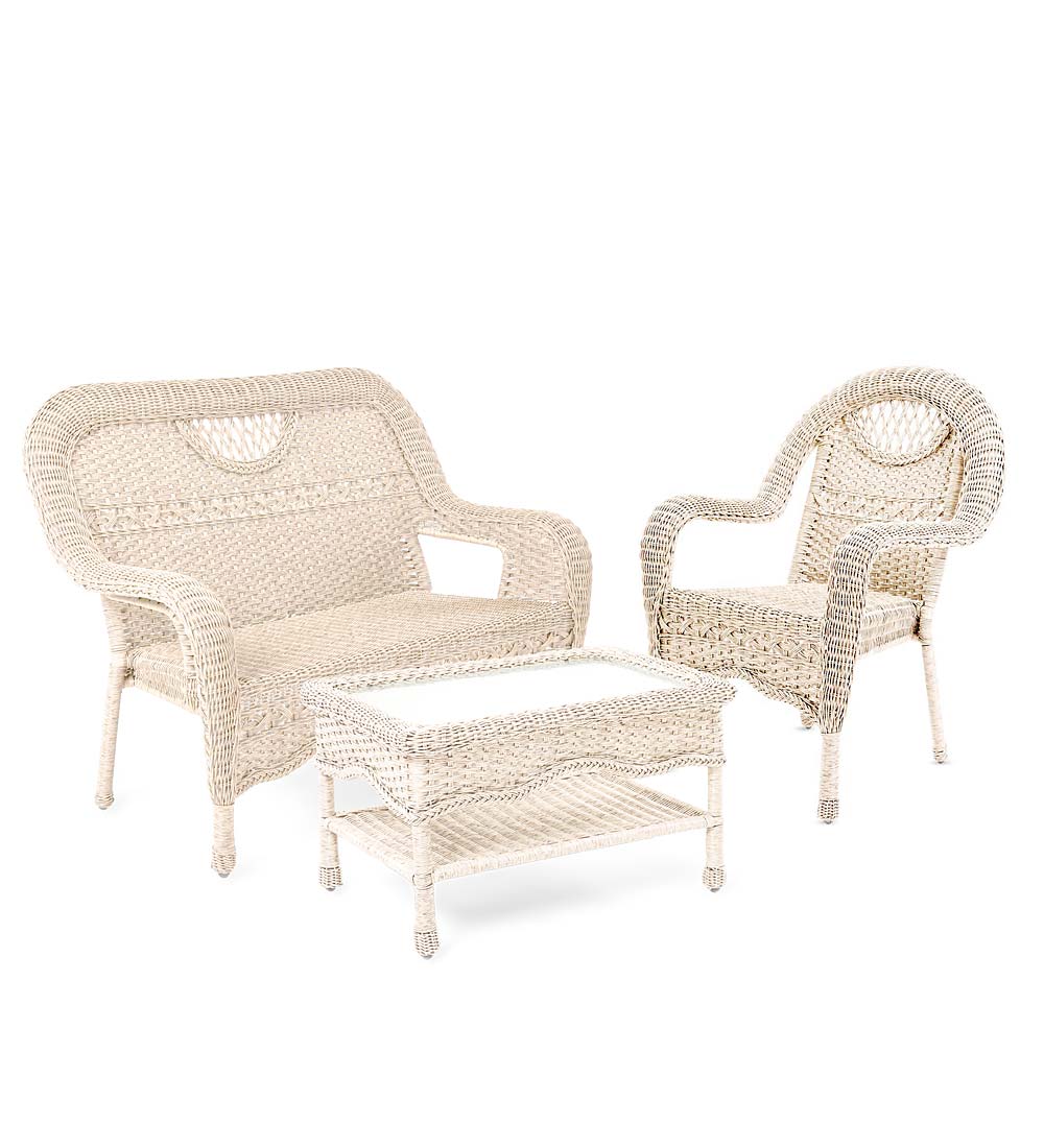 Prospect Hill Wicker Settee, Chair and Coffee Table Set - Cloud White