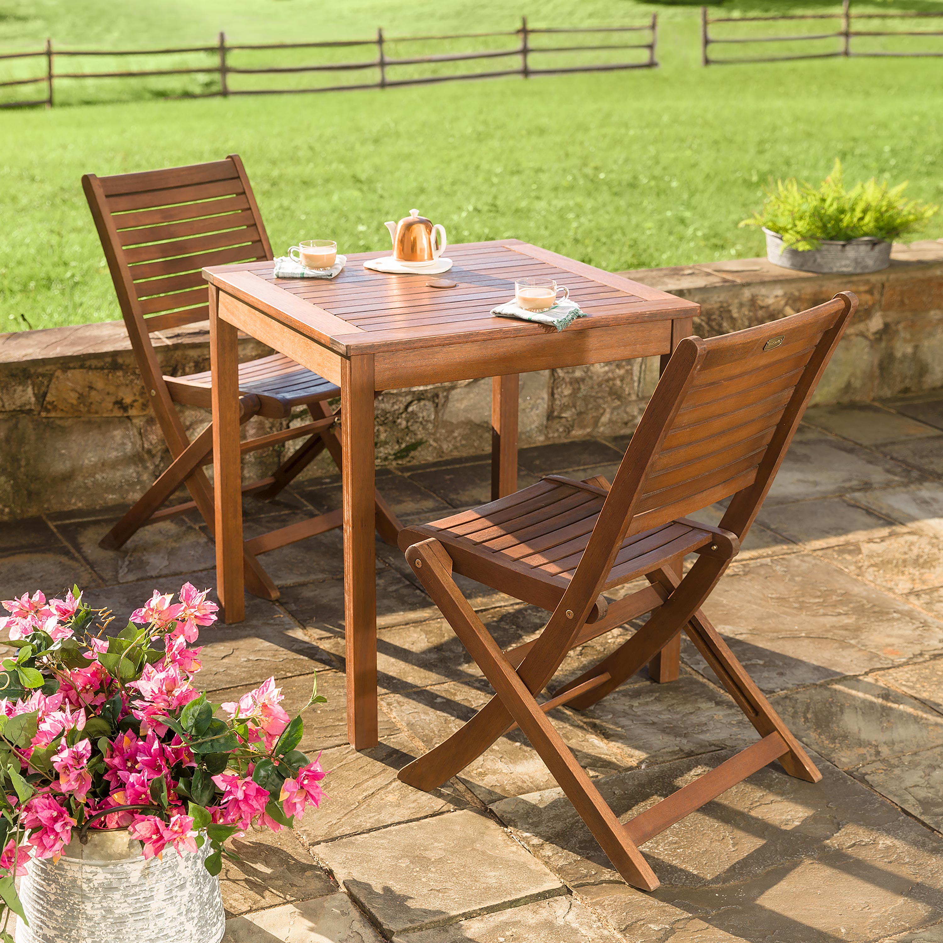 Eucalyptus Wood Outdoor Bistro Set Table and Two Chairs Plow