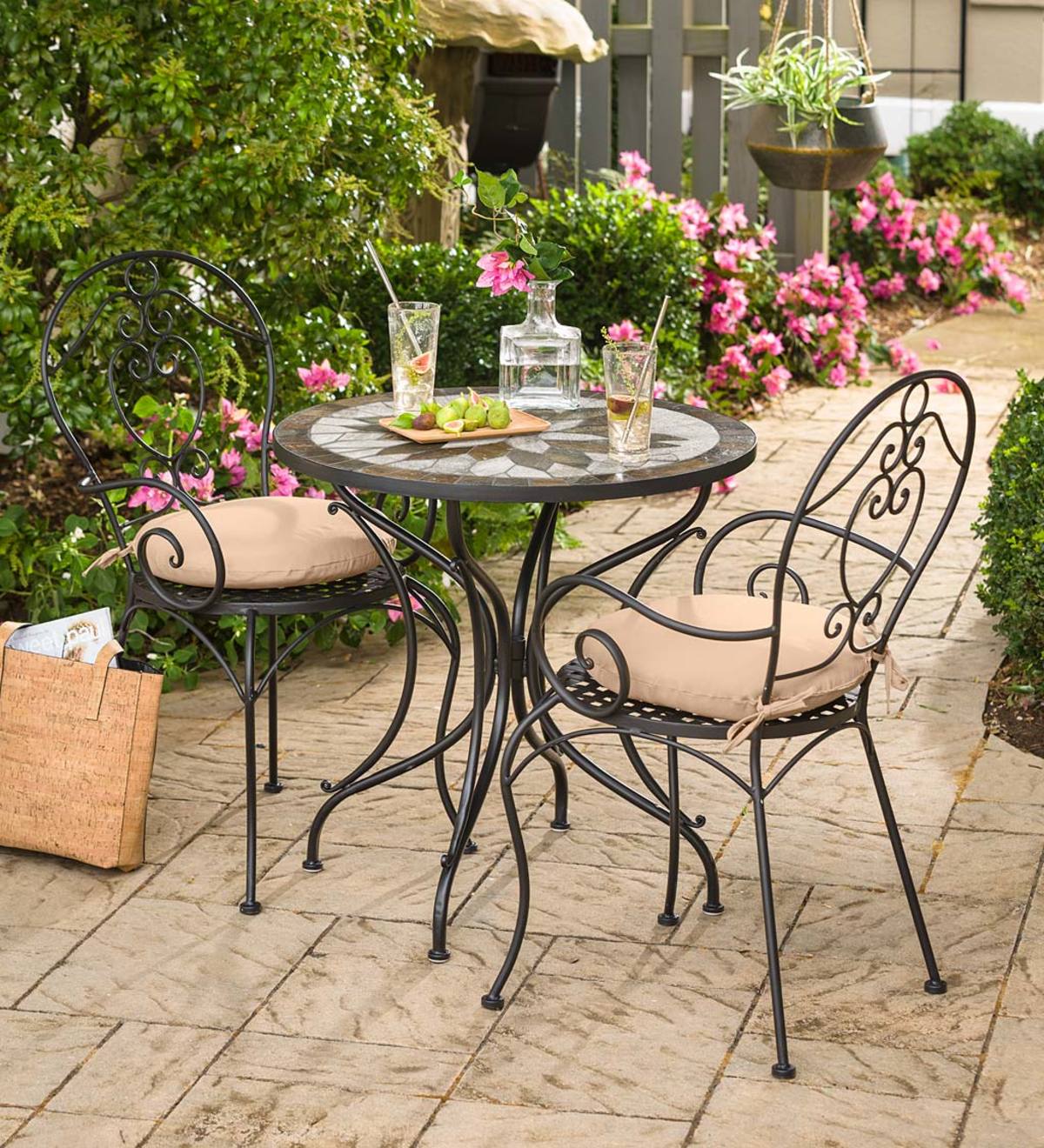 Metal and Slate Mosaic 3 Piece Bistro Set with Cushions Plow