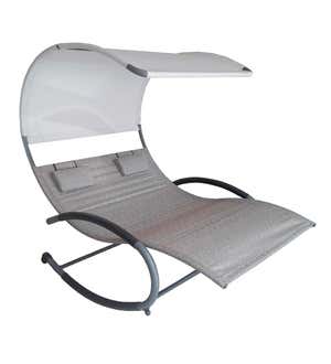 Outdoor Double Chaise Lounge Rocker with Shade Awning - Sand