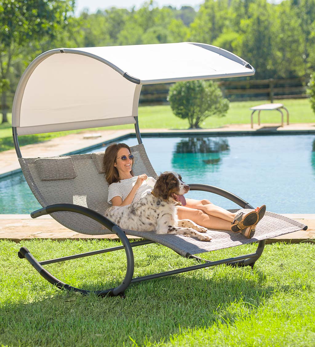 Outdoor Double Chaise Lounge Rocker with Shade Awning Sand