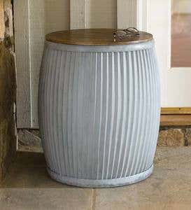 Galvanized Metal Barrel Storage Table with Wooden Lid