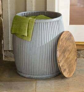 Galvanized Metal Barrel Storage Table with Wooden Lid