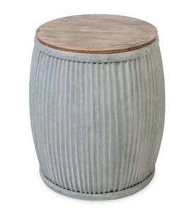 Galvanized Metal Barrel Storage Table with Wooden Lid