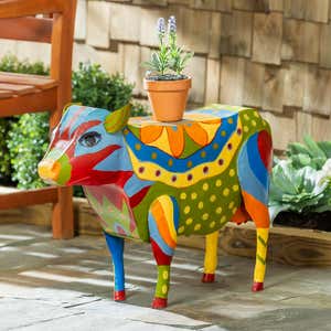 Handmade Colorful Painted Folk Art Cow Metal Side Table