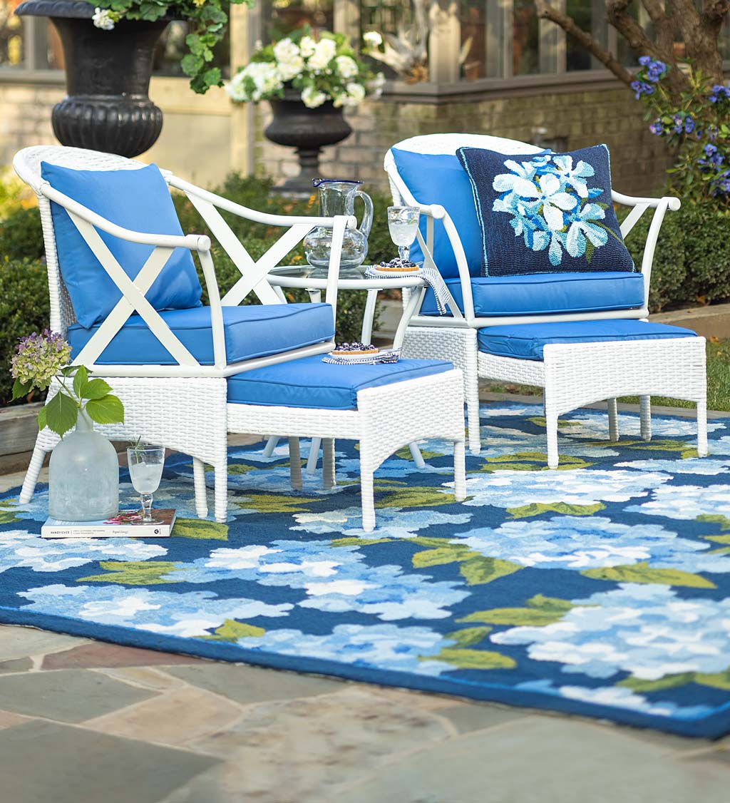 White patio furniture 2025 with blue cushions