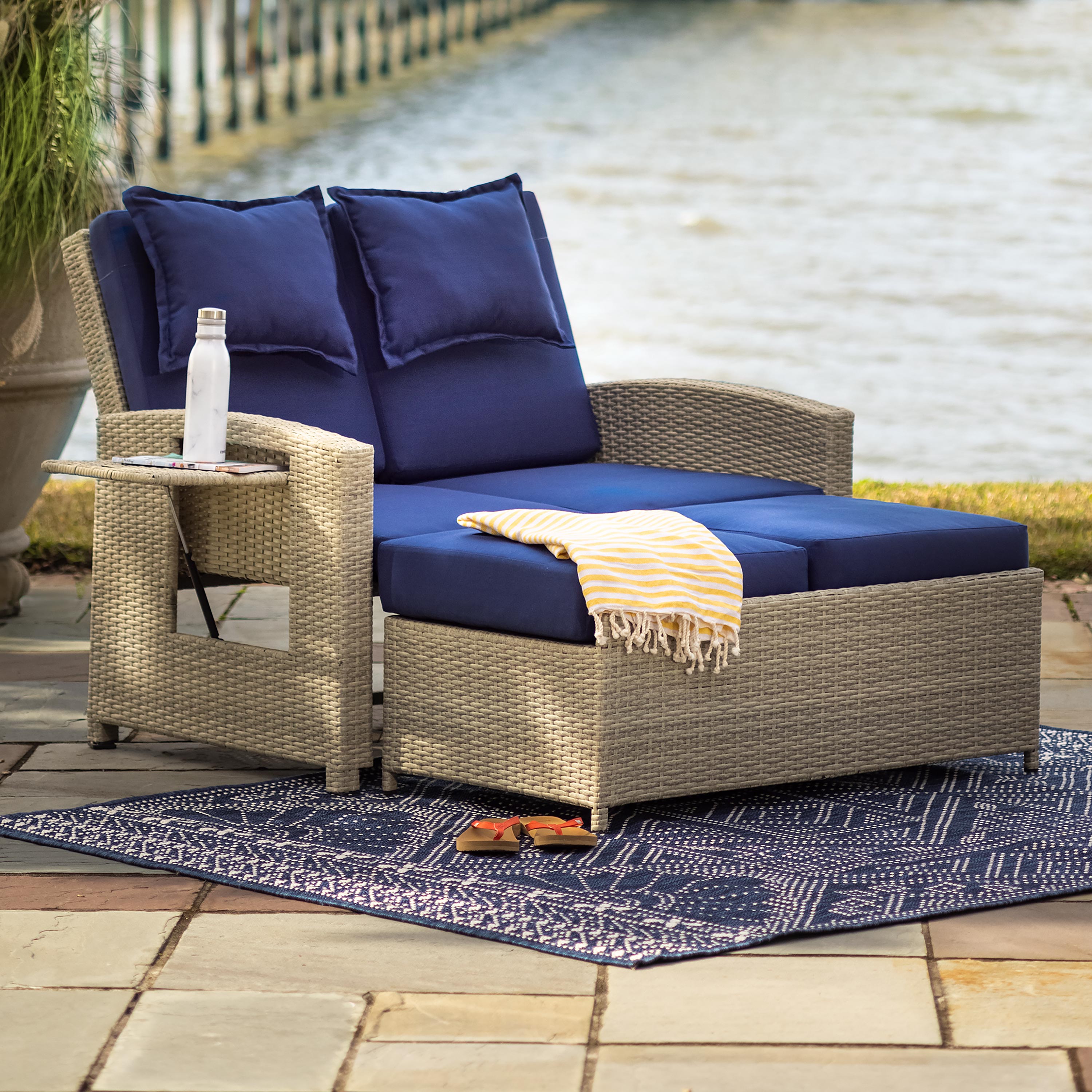 Multi Functional Outdoor Wicker Love Seat Chaise Lounger with Navy