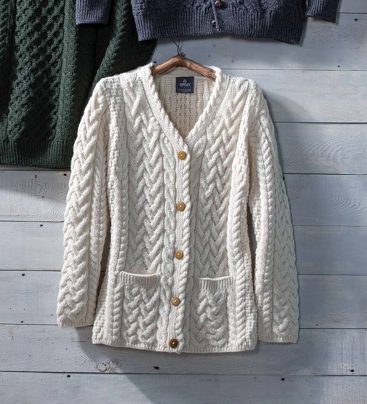Women's Irish Merino Wool Cardigan Sweater - Ecru - L (12-14)