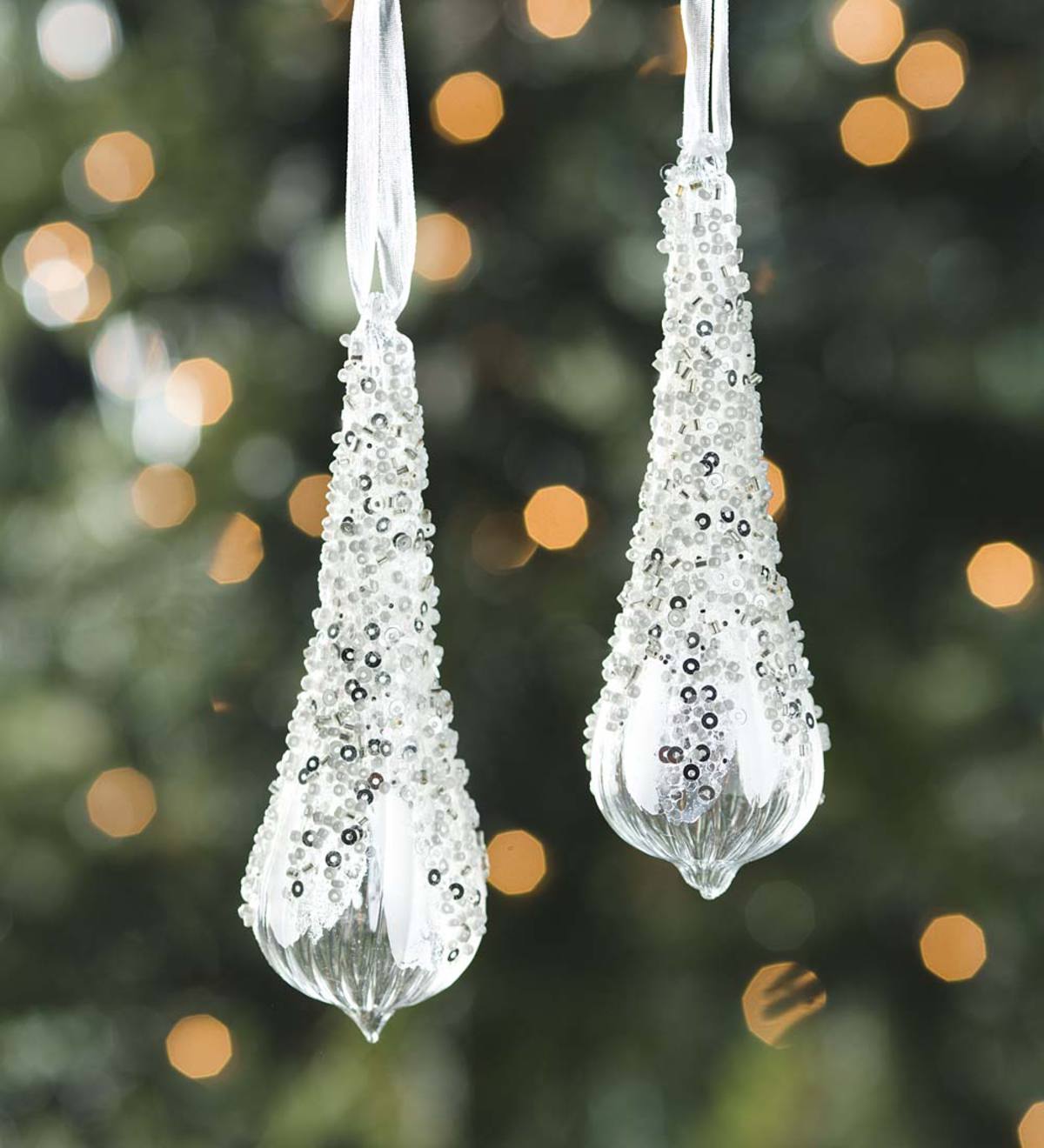 Glass Sparkly Beaded Teardrop Ornaments, Set of 2