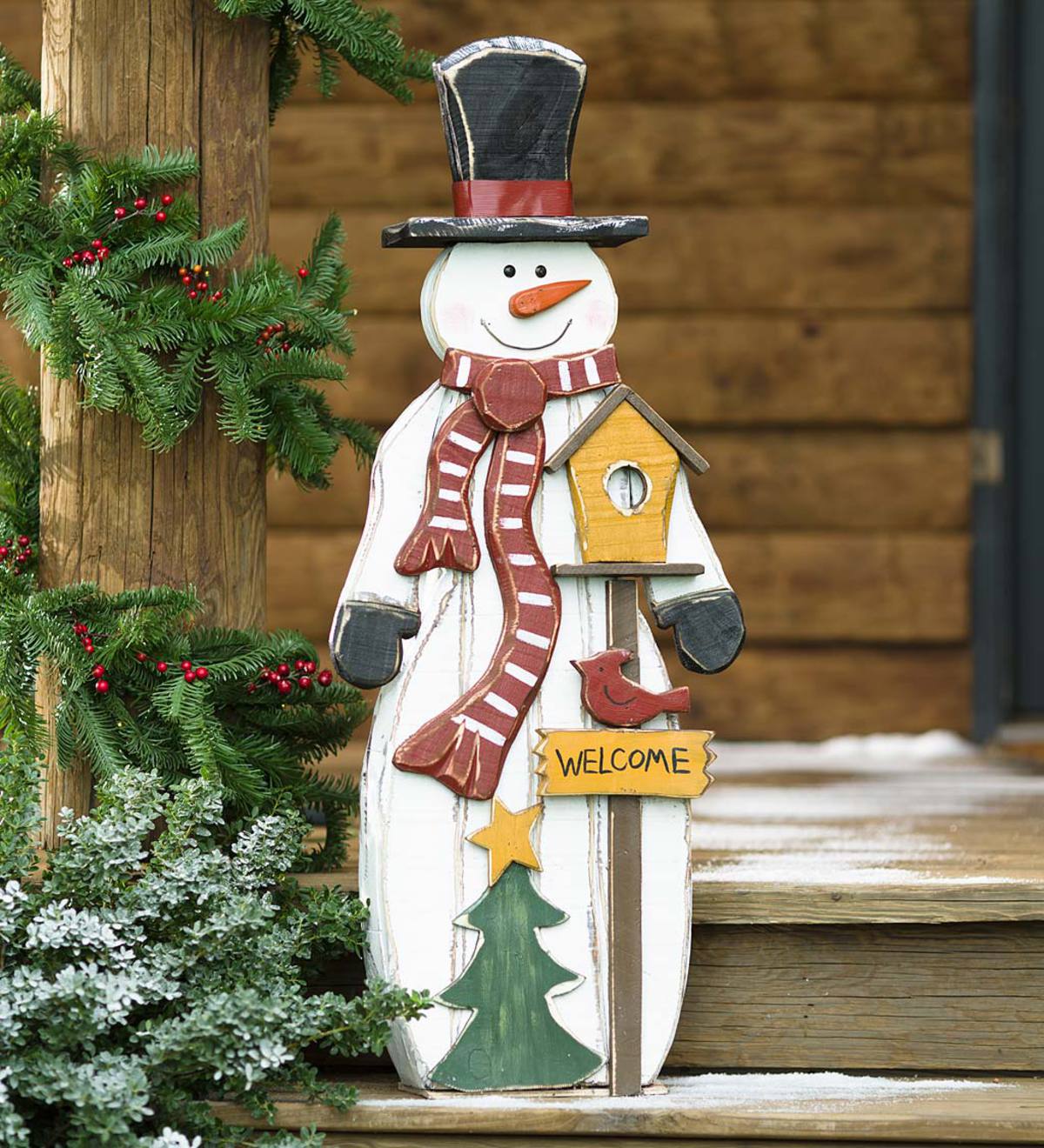 Rustic Wooden Snowman Welcome Accent