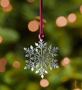 Solid Pewter Christmas Tree Ornament - Snowflake Crystal