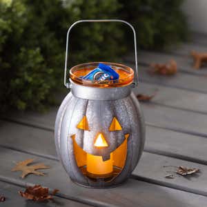 Halloween Pumpkin Metal Lantern with Flickering LED Candle - Orange