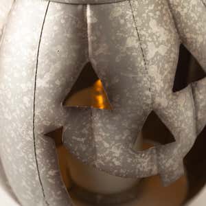 Halloween Pumpkin Metal Lantern with Flickering LED Candle - Orange