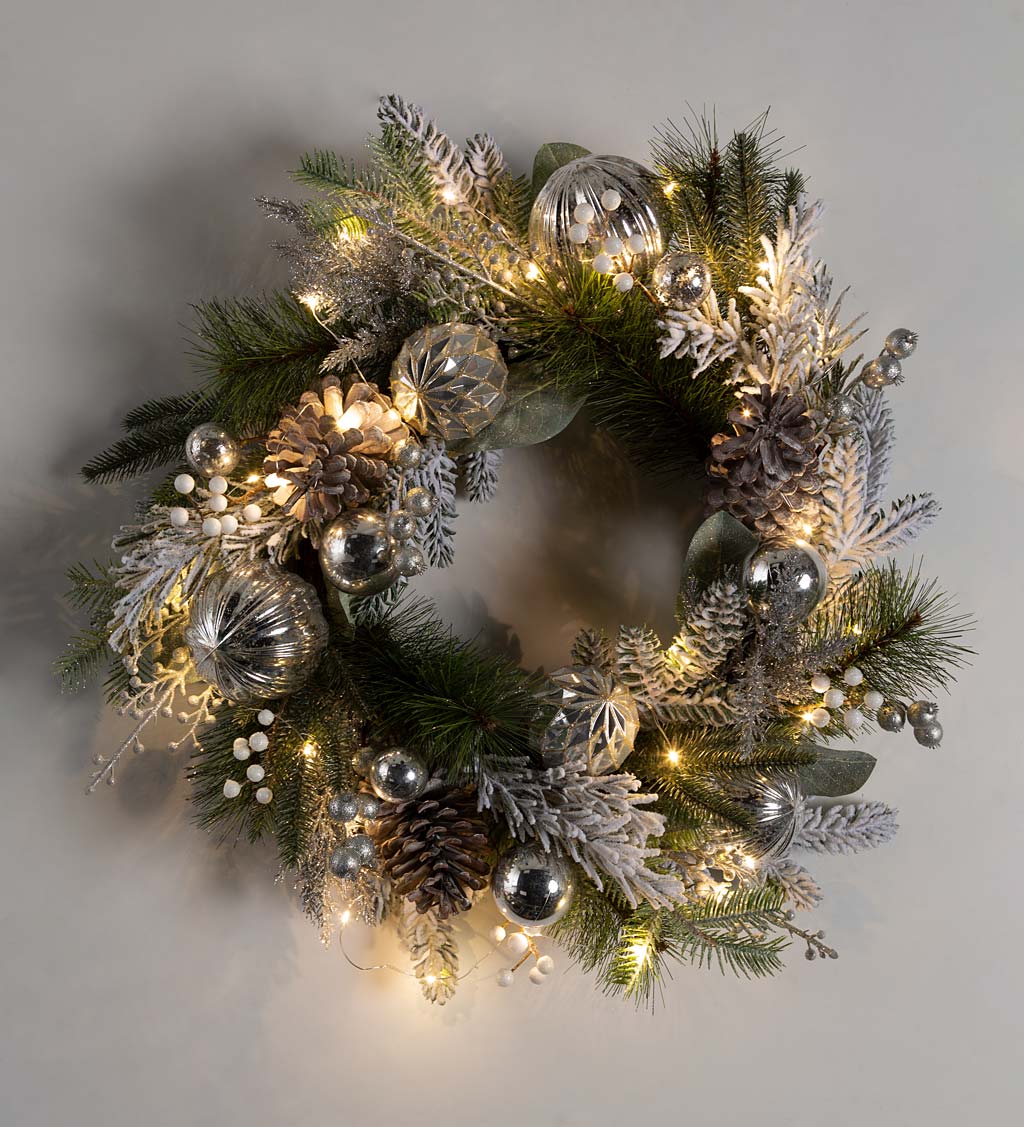 Lighted Silver Evergreen Holiday Wreath | Plow & Hearth