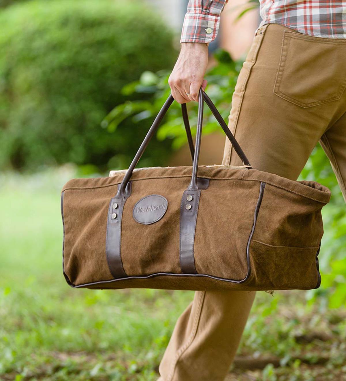 Heavy Duty Canvas Log Carrier With Leather Handles | Plow & Hearth