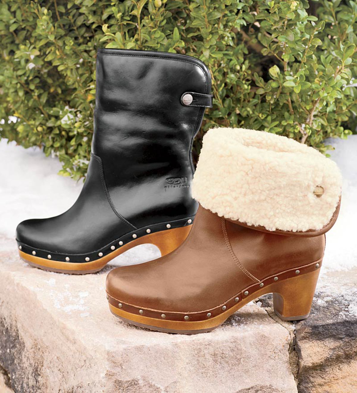 UGG Australia Women's Scarlett Leather/Sheepskin Fold Over Heeled... ($125)  ❤ liked on Polyvore featuring sho… | Boots, Brown high heel boots, High heel  boots ankle