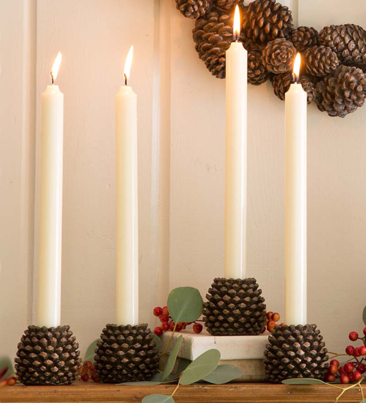 Resin Pine Cone Taper Candleholders, Set of 4