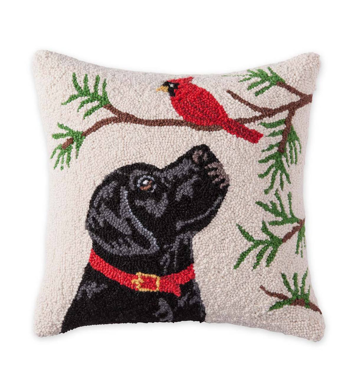 Hooked Wool Holiday Throw Pillow with Black Labs in Truck