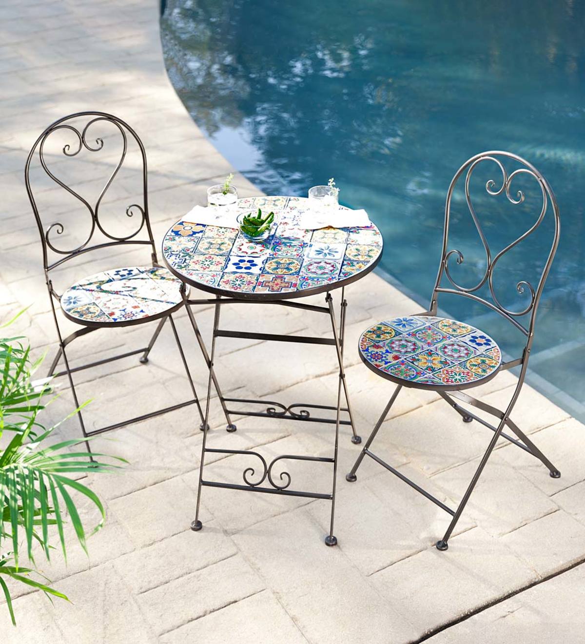 Mosaic Tile 3 Piece Bistro Set with Folding Chairs and Table