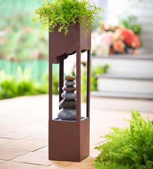 Freestanding Electric Lighted Fountain with River Rock Cairn and Planter |  Plow & Hearth