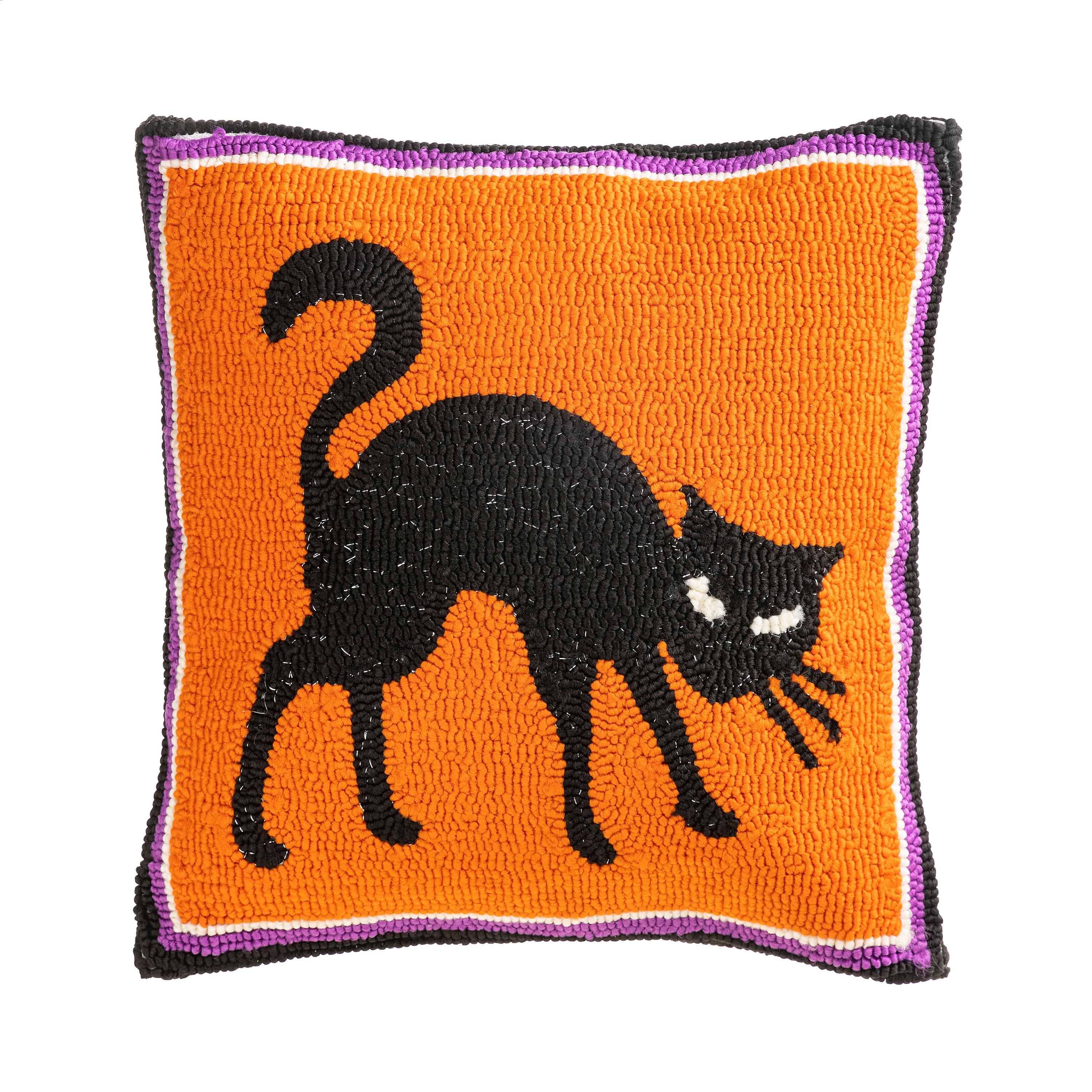 Indoor/Outdoor Black Cat Hooked Halloween Throw Pillow
