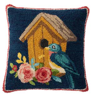 Indoor/Outdoor Birdhouse Hooked Polypropylene Throw Pillow