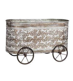 Dragonfly Embossed Metal Planters on Wheels, Set of 2