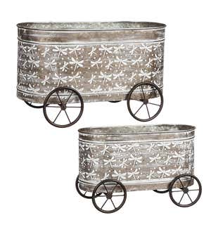 Dragonfly Embossed Metal Planters on Wheels, Set of 2