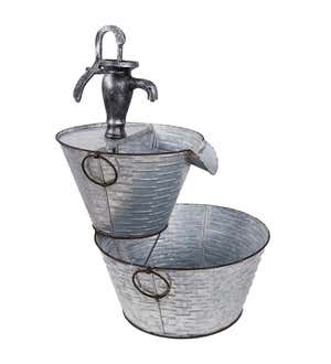 Rustic Two-Tier Galvanized Wash Tub Fountain with Pitcher Pump Fountainhead