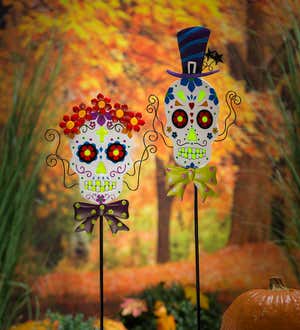 Colorful Glow-In-The-Dark Garden Stake Skulls, Set of 2