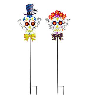 Colorful Glow-In-The-Dark Garden Stake Skulls, Set of 2