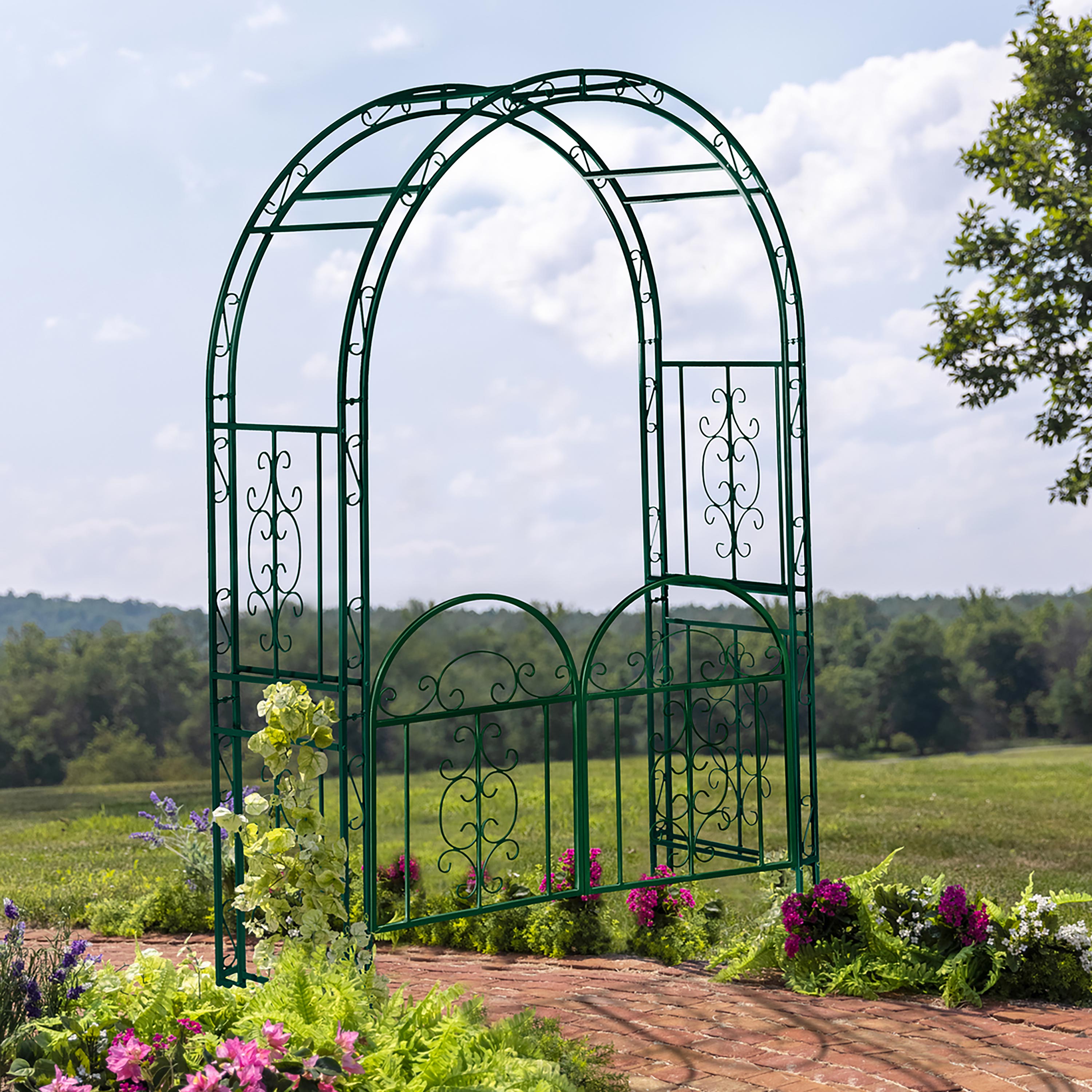 Colored Montebello Scrollwork Metal Garden Arbor with Gate