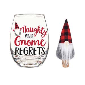 Naughty And Gnome Regrets 17 oz. Glass With Wine Stopper Gift Set