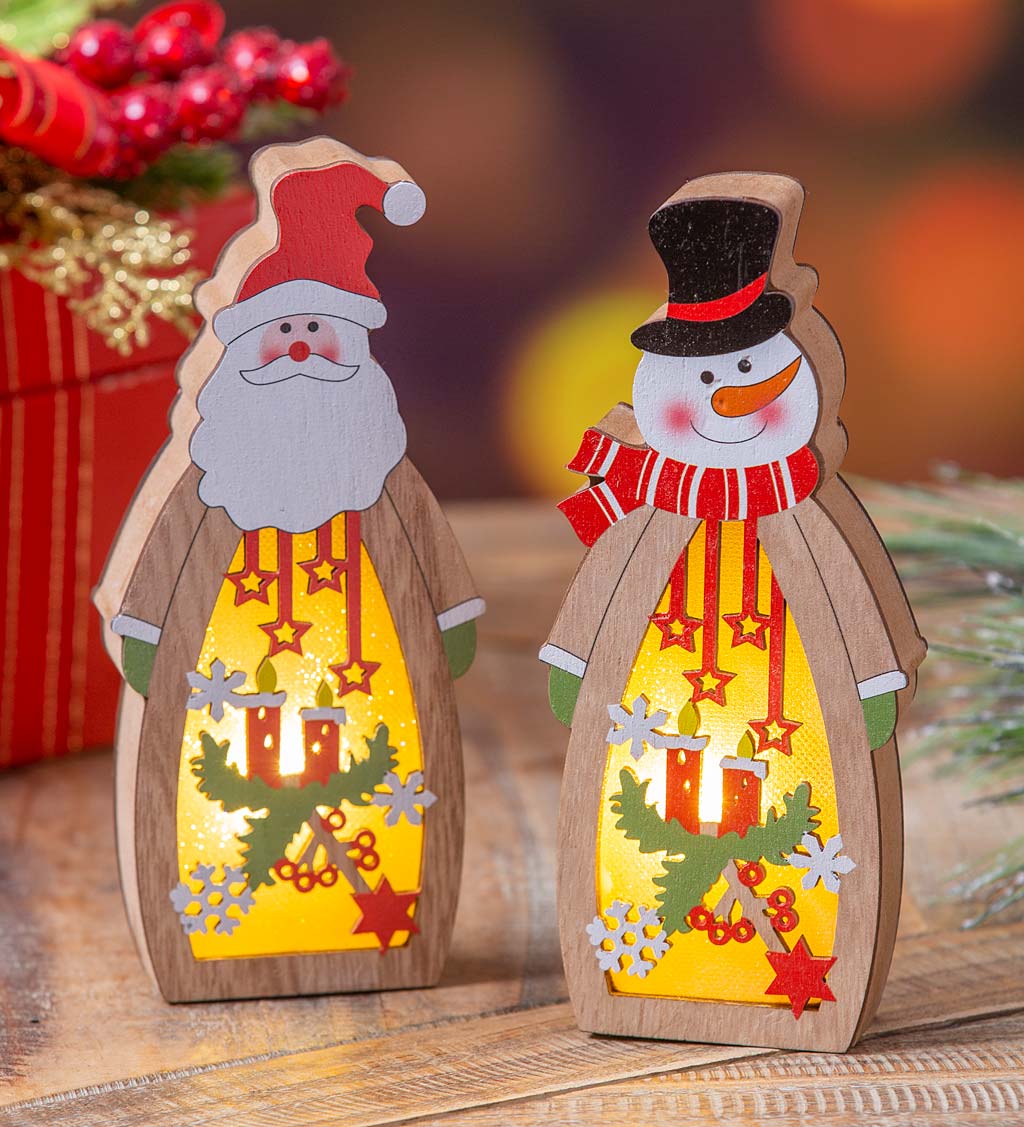 LED Santa and Snowman Wooden Christmas Figures, Set of 2