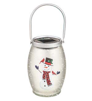 Cheerful Snowman Solar Crackle Glass Lantern