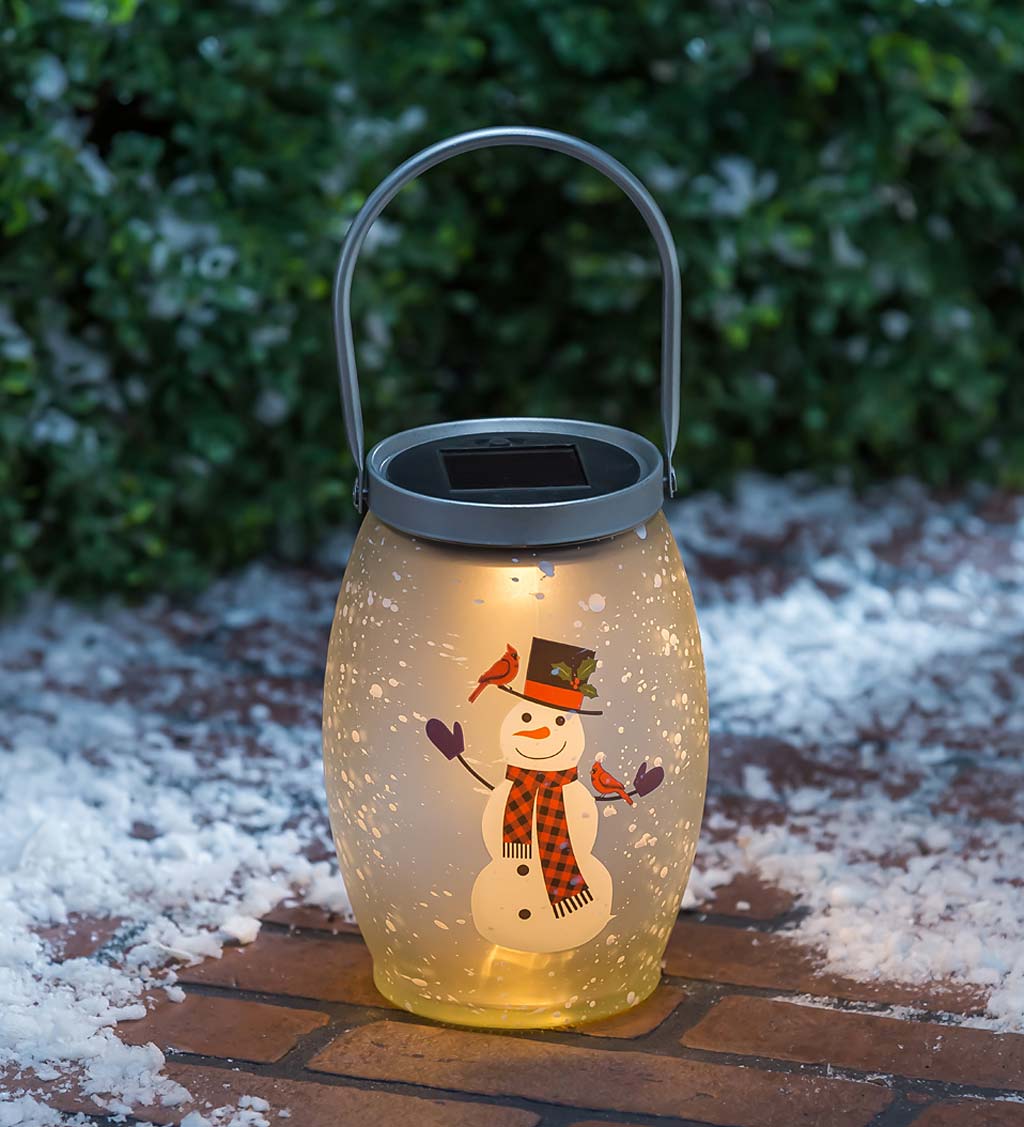 Cheerful Snowman Solar Crackle Glass Lantern