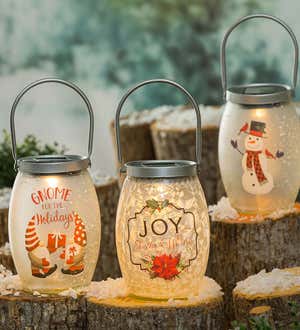 Cheerful Snowman Solar Crackle Glass Lantern