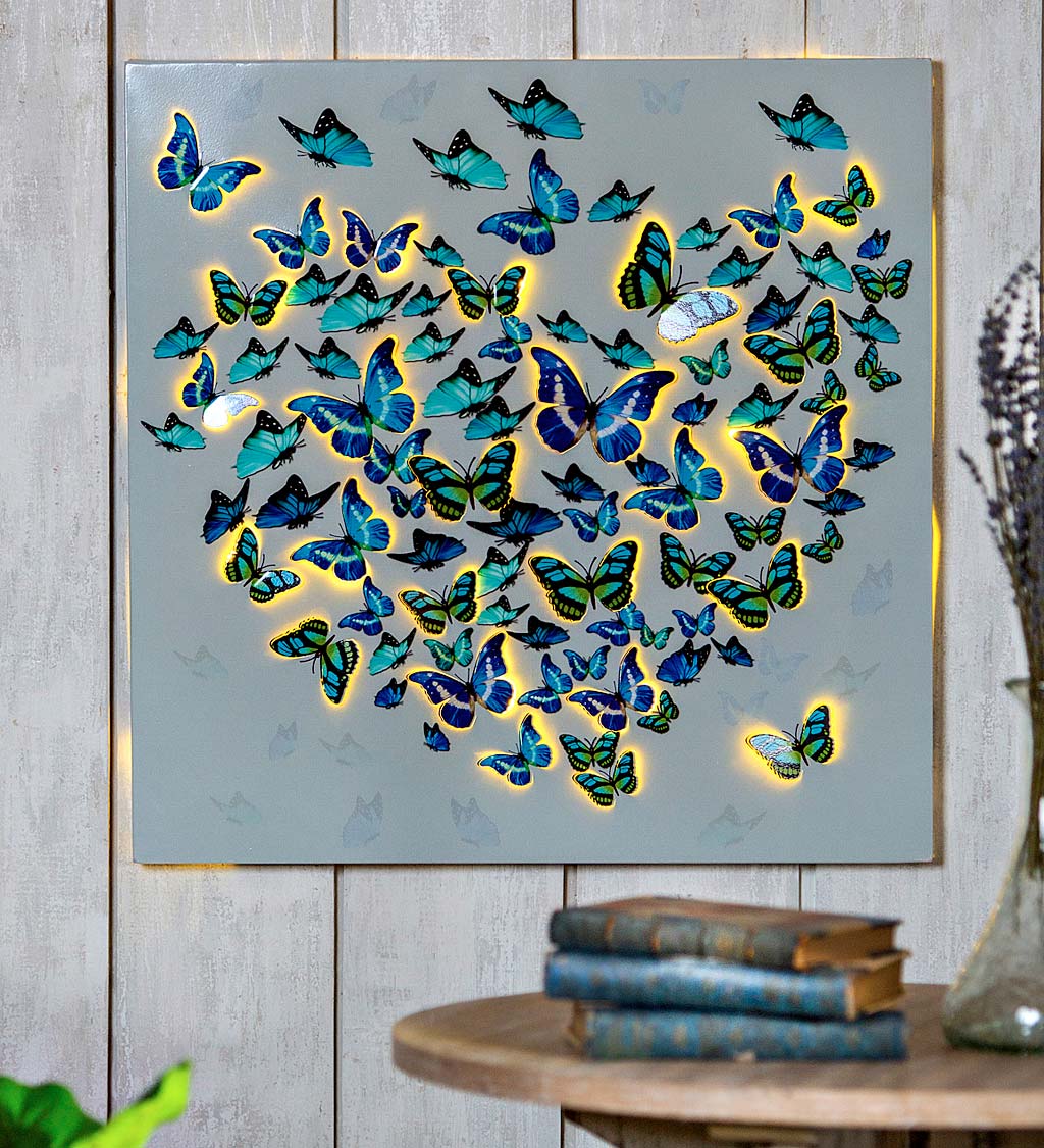Hanging Heart-Shaped Wreath with Butterflies Solar Lighted Metal Wind  Spinner