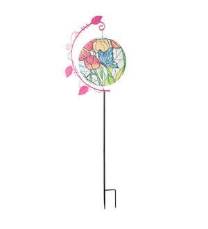 Spinning Butterfly and Red Tulips Stained Glass Garden Stake