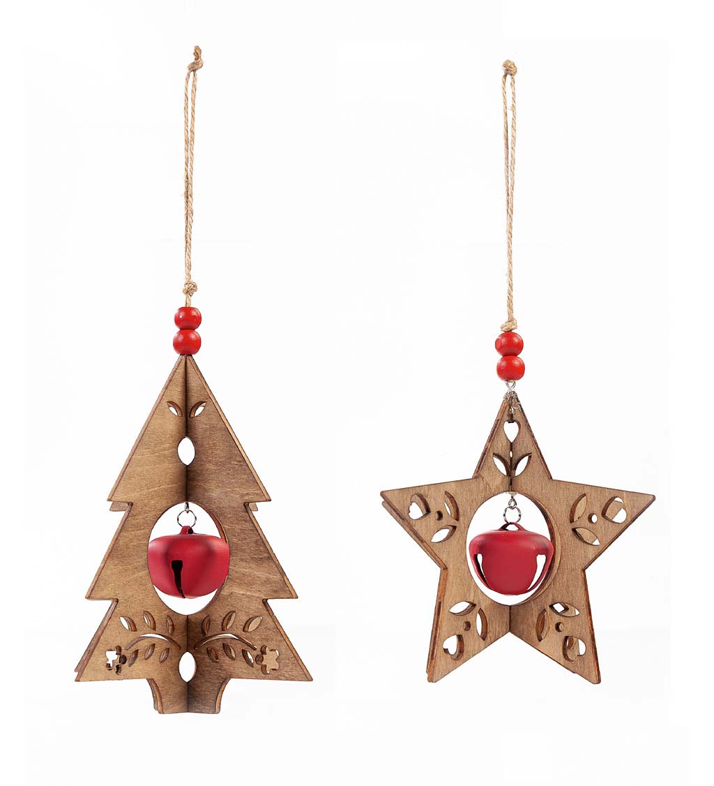 Christmas Tree and Star Wooden Ornaments with Jingle Bells, Set of 2 ...