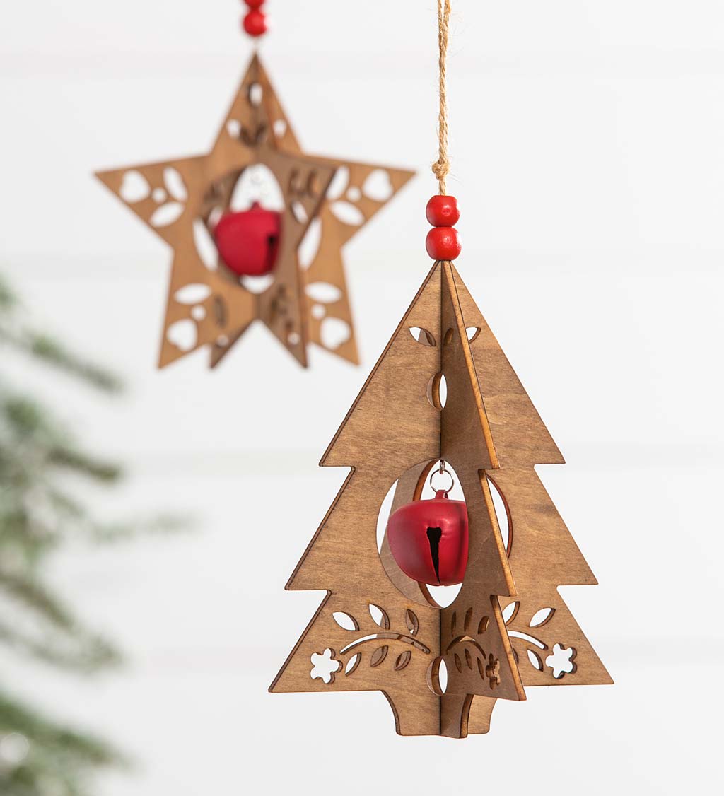 Christmas Tree and Star Wooden Ornaments with Jingle Bells, Set of 2 ...