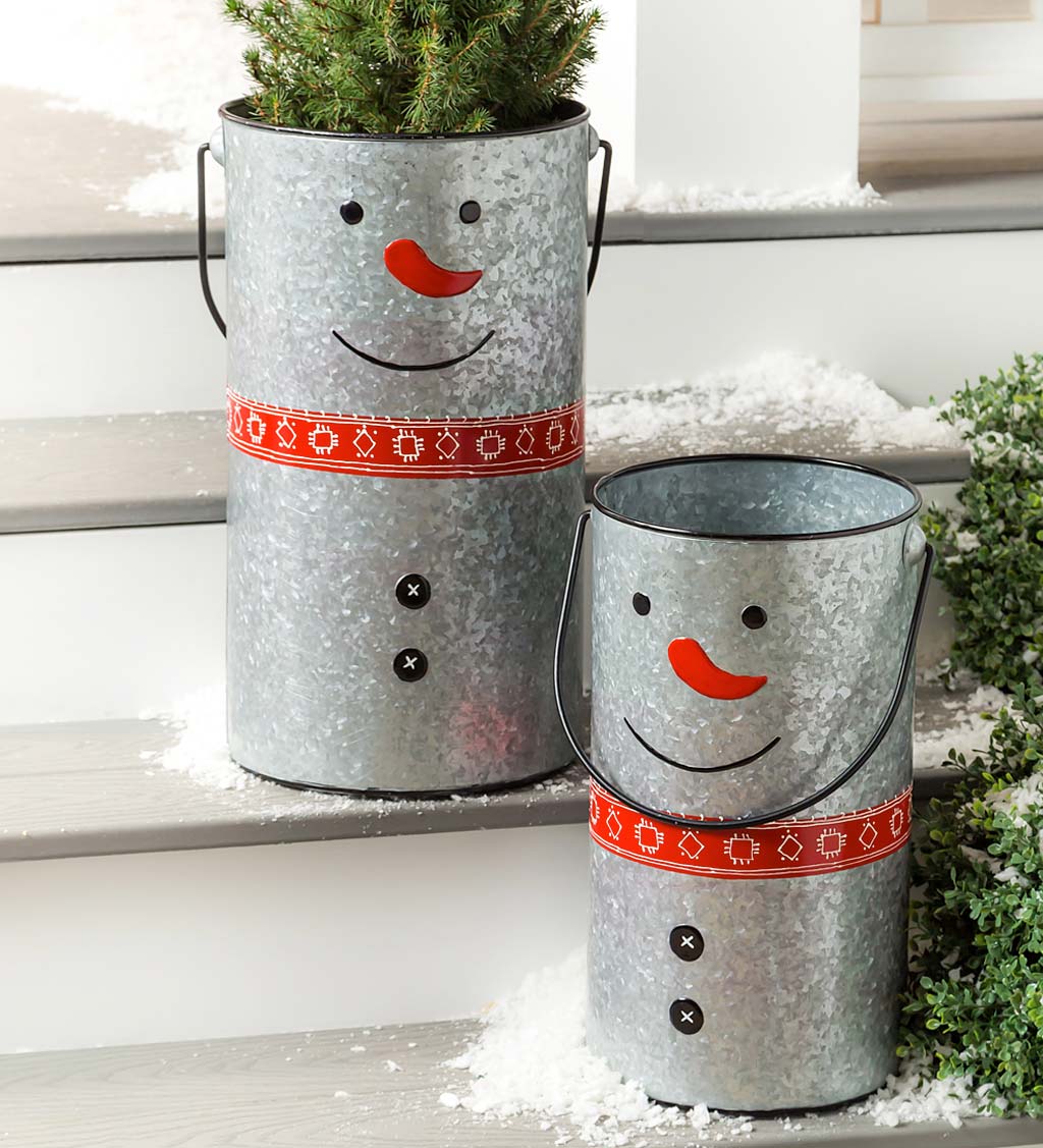 Galvanized Metal Snowman Planters, Set of 2