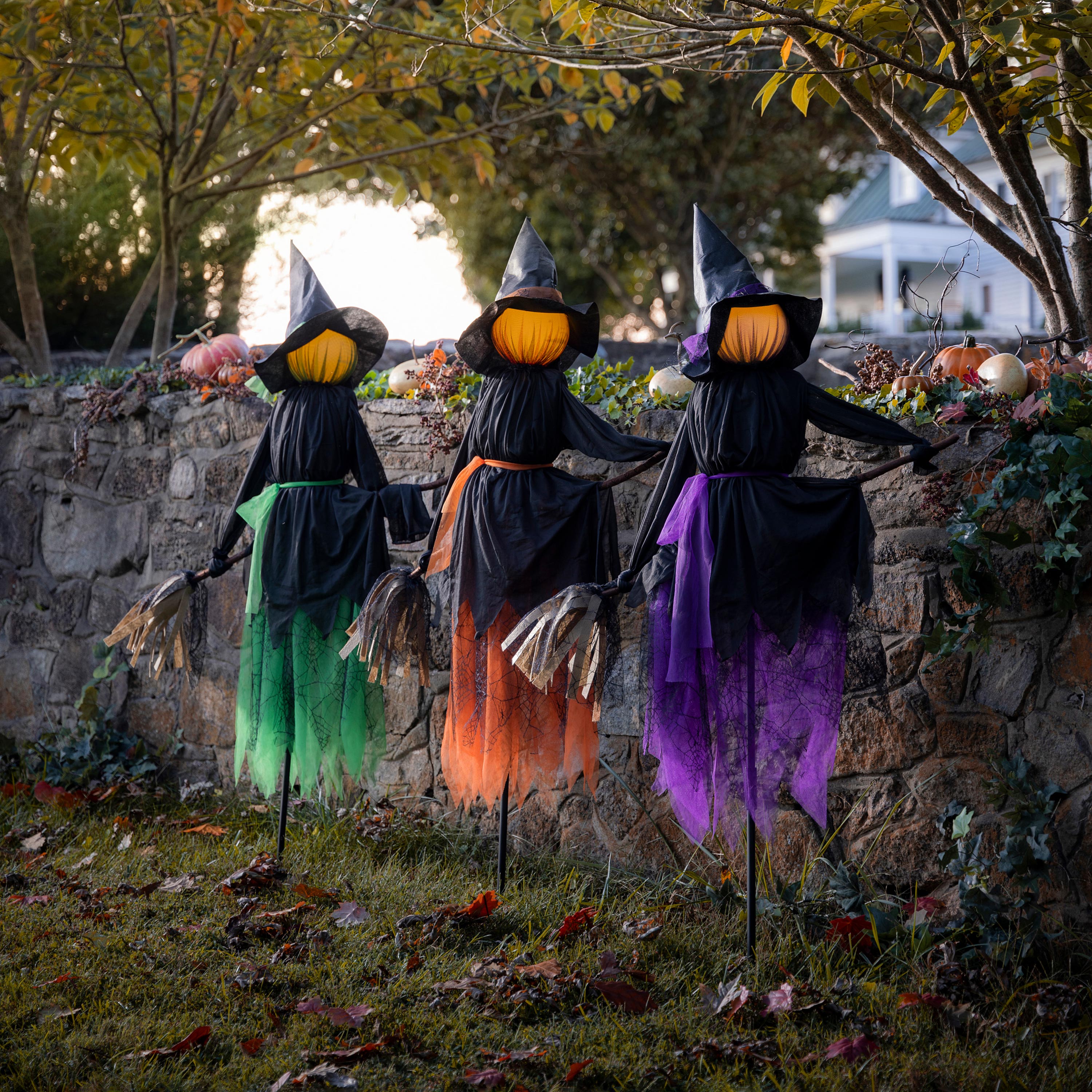 Lighted Witch Stakes with Brooms, Set of 3 | Plow & Hearth